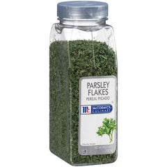 McCormick Culinary Parsley Flakes bottle close-up showing fresh color and garnish potential.