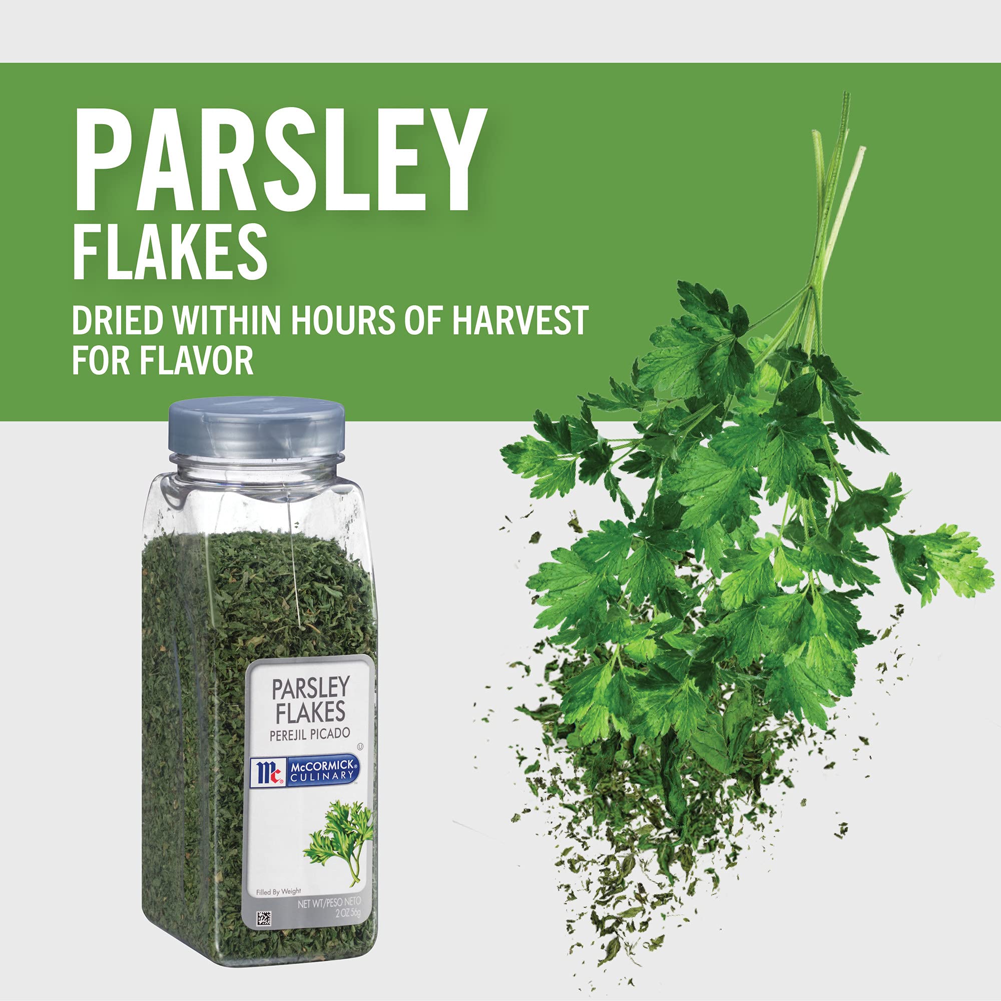 McCormick Culinary Parsley Flakes 2 oz container in kitchen setting.