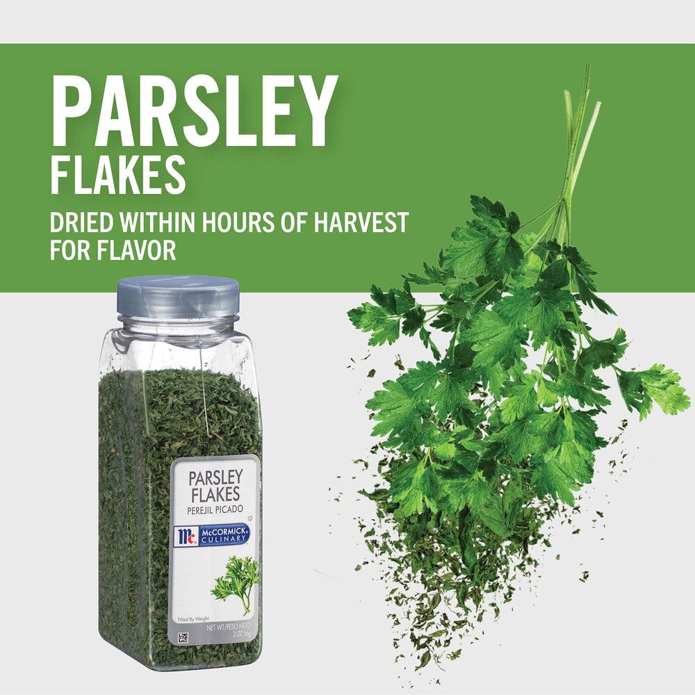 McCormick Culinary Parsley Flakes 2 oz container in kitchen setting.