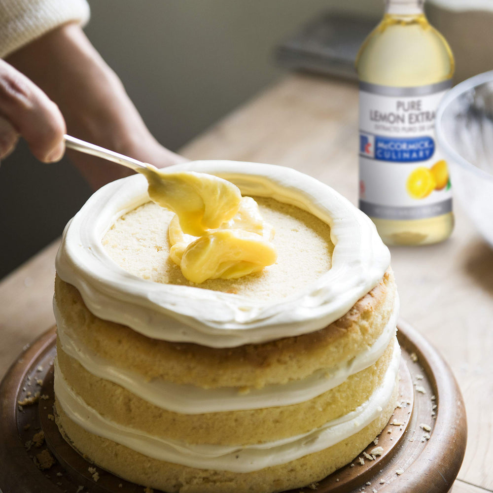 McCormick Culinary Lemon Extract ingredients badge illustrating lemon oil source.