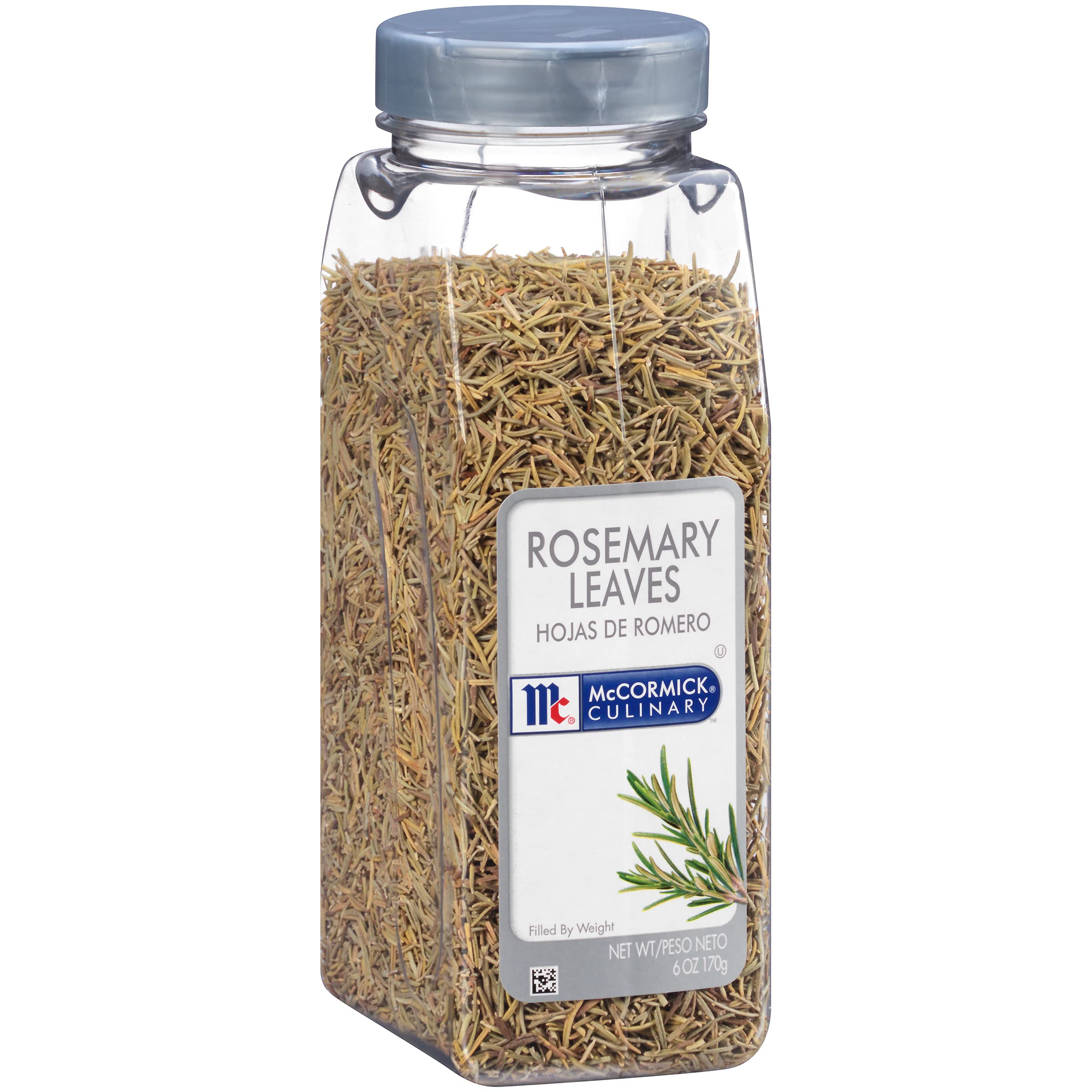 McCormick Culinary Rosemary Leaves jar closeup reveals piney aroma ideal for roasted dishes.