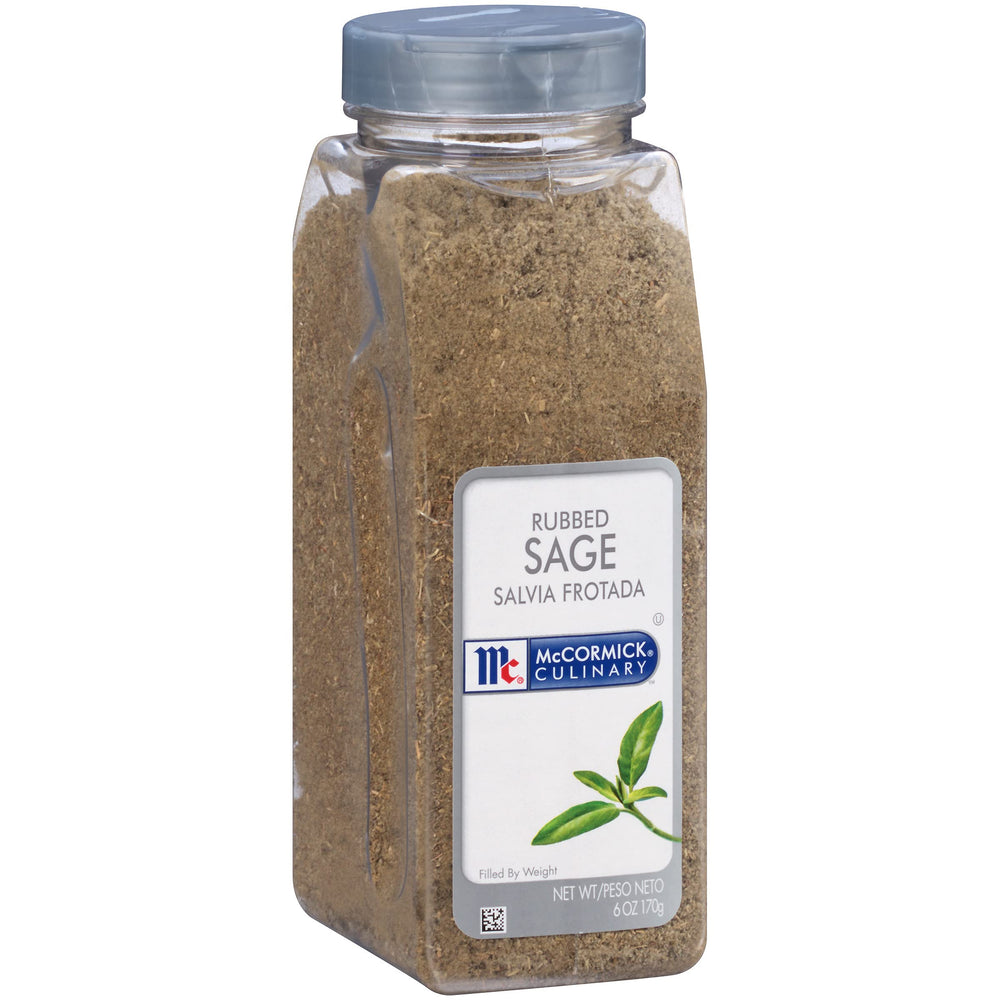 McCormick Culinary Rubbed Sage leaves for stuffing and poultry, offering aromatic depth.