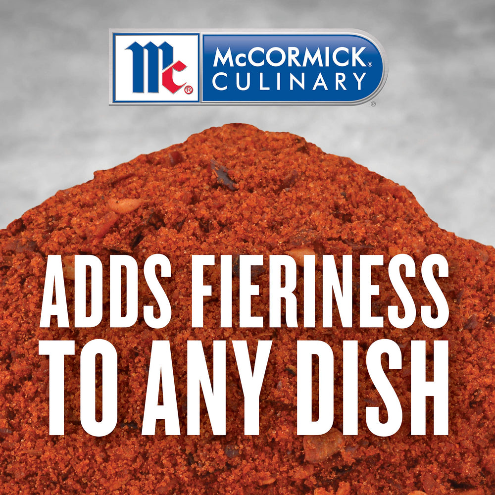 Close-up of McCormick Culinary Sriracha Seasoning powder with paprika and cayenne notes.