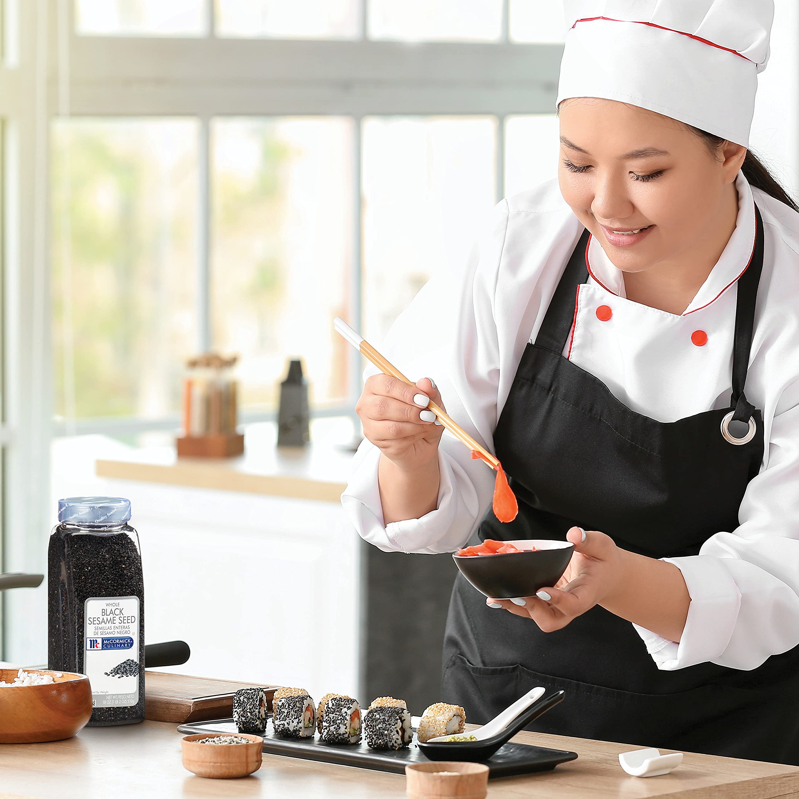 Sushi topping with McCormick Culinary black sesame seeds for visual appeal.