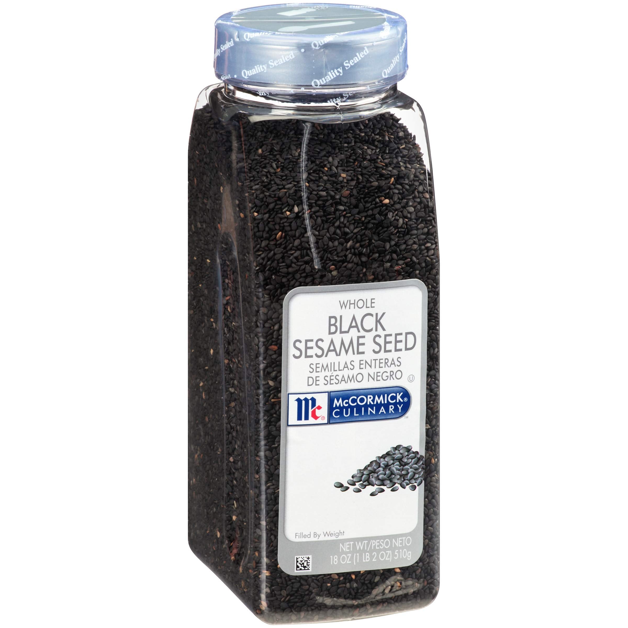 McCormick Culinary whole black sesame seeds in 18oz container add deep color and crunch.