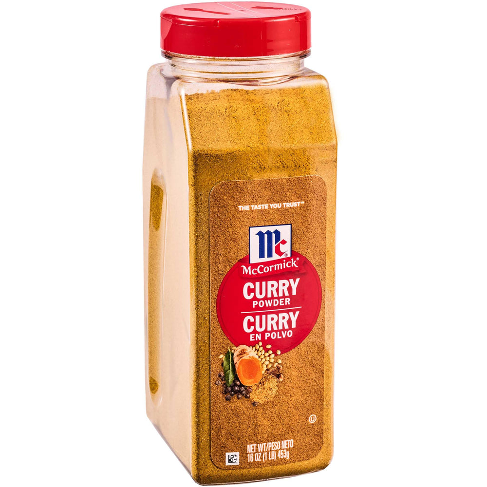 McCormick Curry Powder label on 16oz jar, chef-ready seasoning.