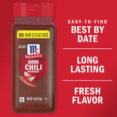 McCormick Dark Chili Powder spoon demonstrates quick, flavorful seasoning ready to lift any recipe.