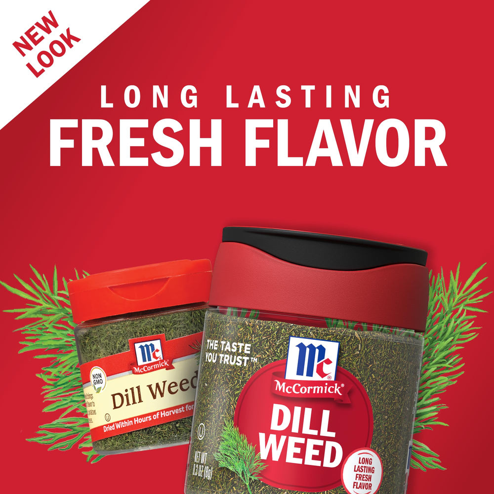 McCormick Dill Weed leaves close-up, vibrant green for quick herbal flavor in salads.