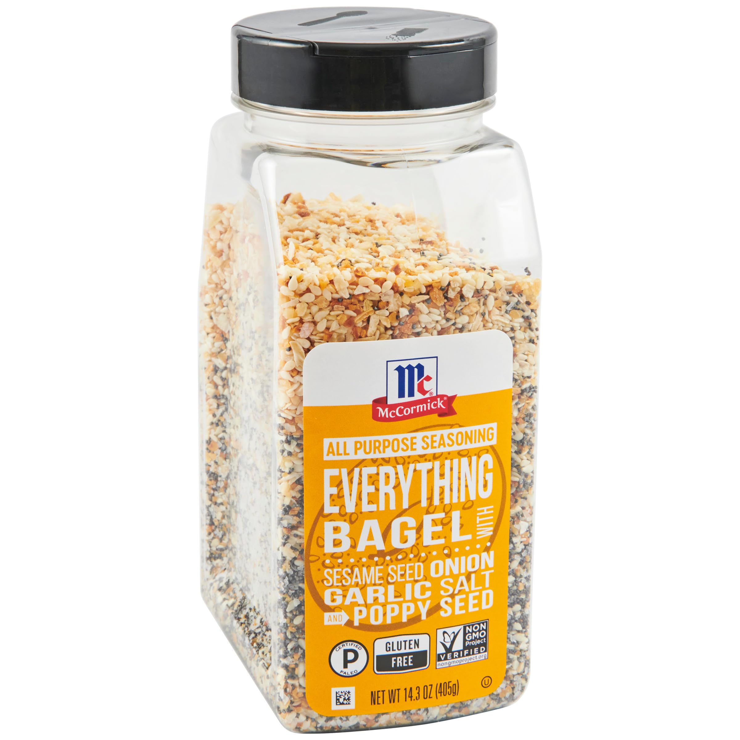 McCormick Everything Bagel bottle pour adds rich flavor to snacks.