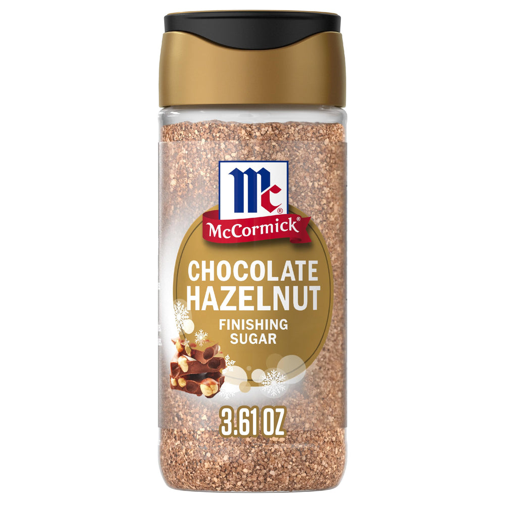 McCormick Chocolate Hazelnut Finishing Sugar bottle adds rich cocoa and hazelnut flavor to cookies