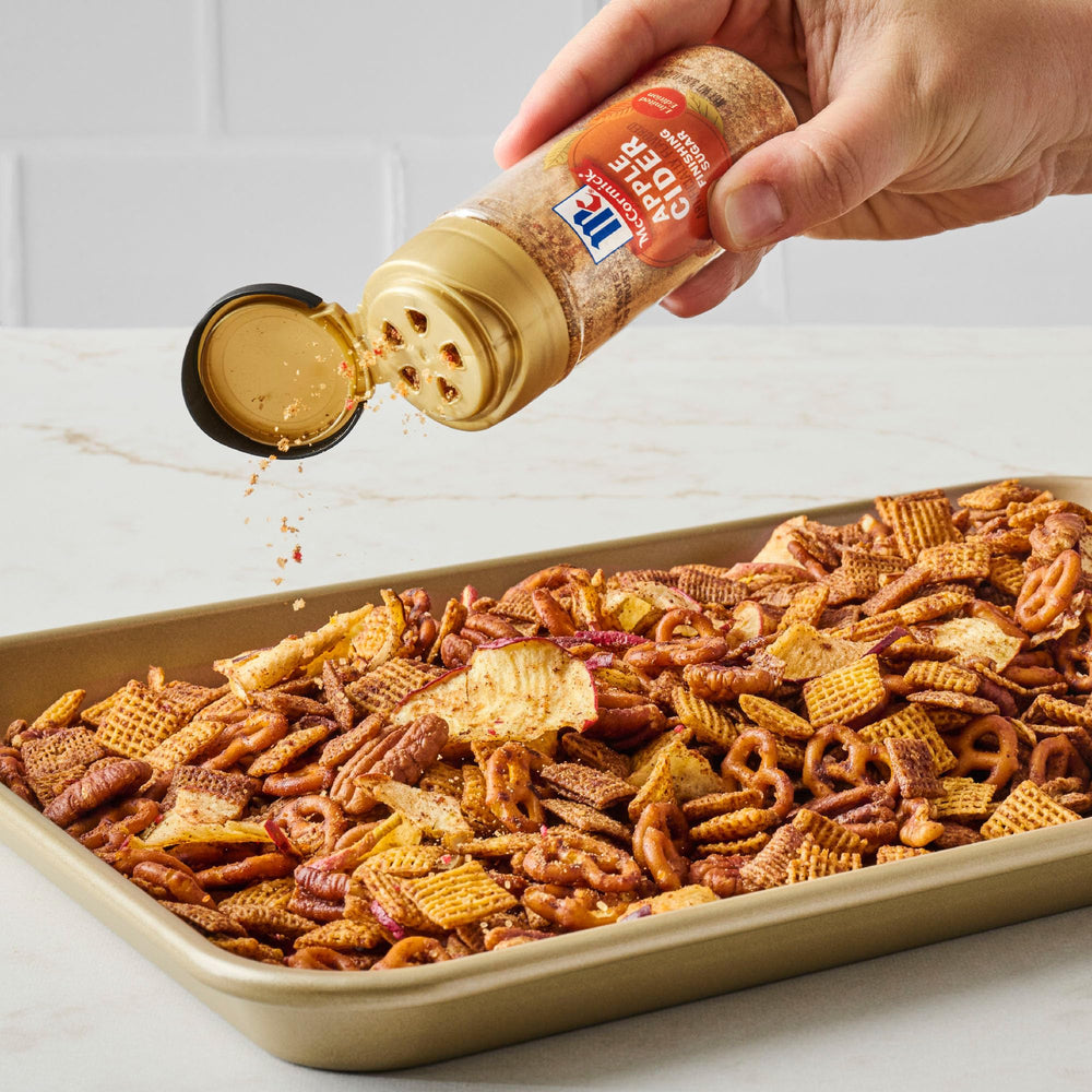 McCormick finishing sugar dusted over pancakes offers a caramel-apple note