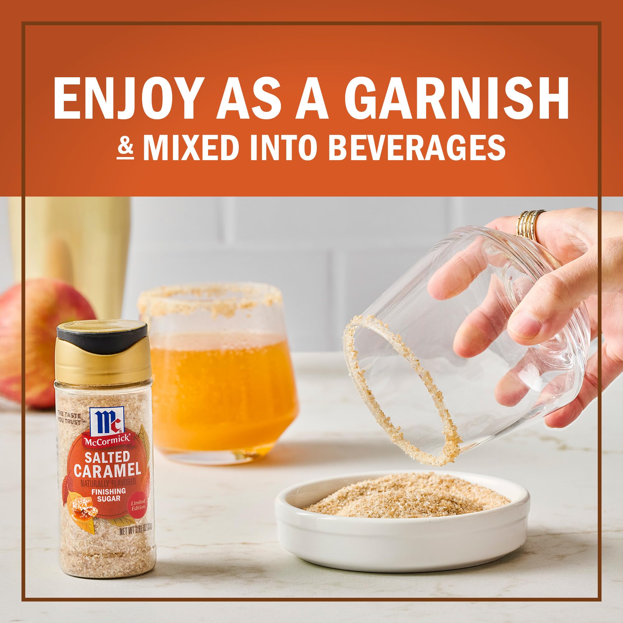 McCormick Finishing Sugar Salted Caramel dusted on hot cocoa for depth