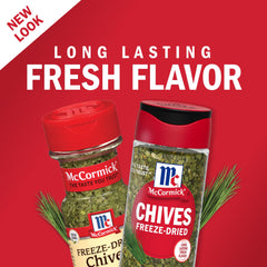McCormick Freeze-Dried Chives jar close-up with vibrant greens for fresh flavor.