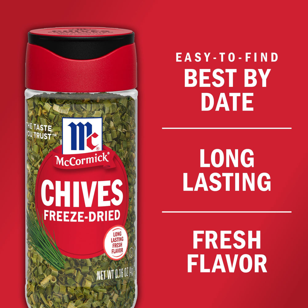 McCormick Freeze-Dried Chives on a neatly organized kitchen shelf.