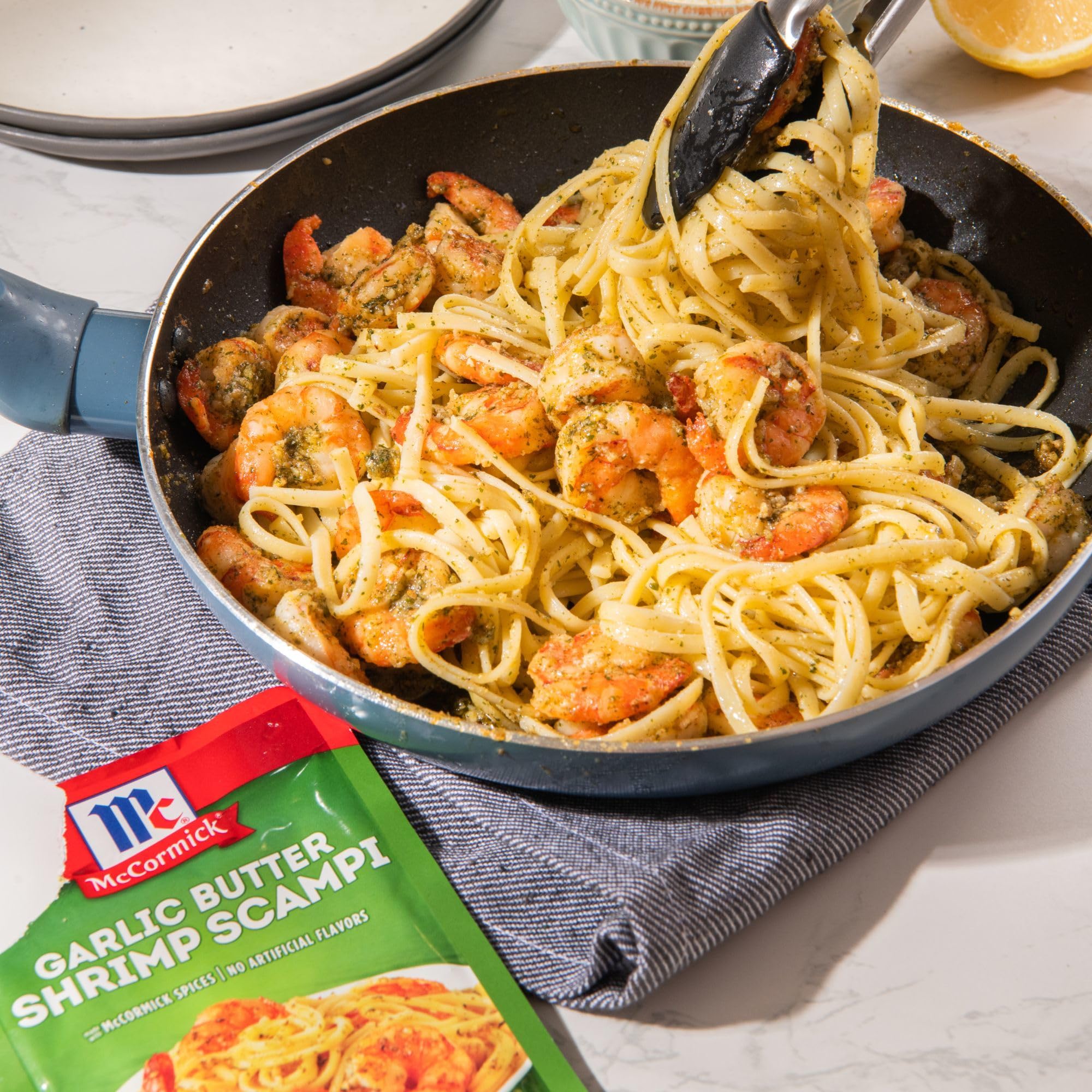 McCormick Garlic Butter Shrimp Scampi Mix label highlights no artificial flavors.