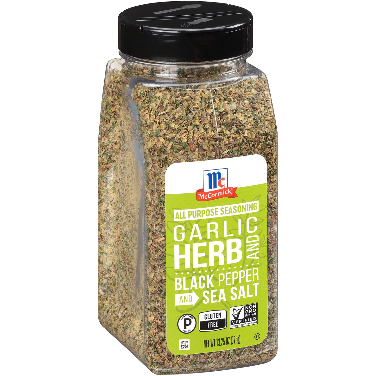 McCormick garlic herb pepper sea salt seasoning jar on counter for everyday flavor boost.