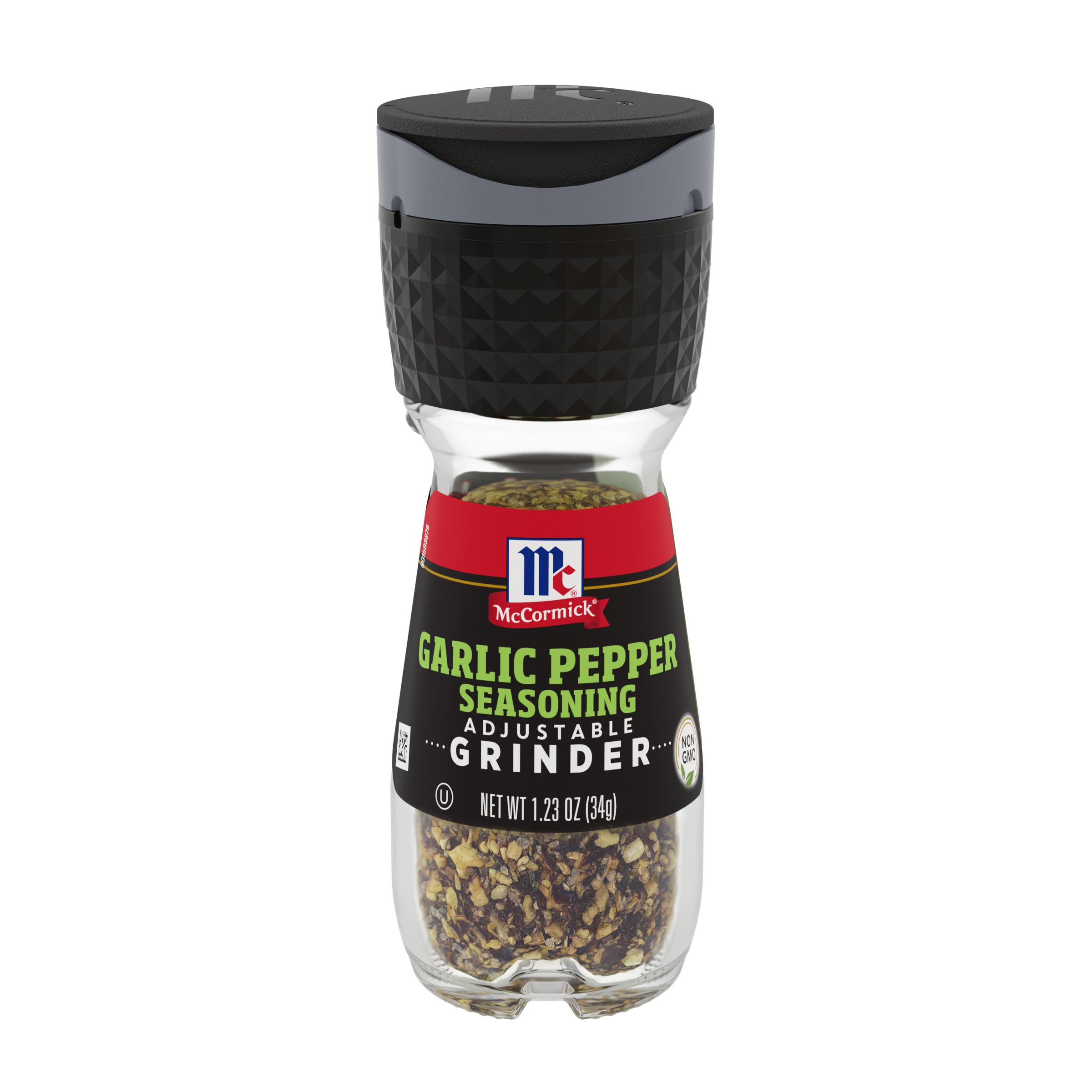 McCormick Garlic Pepper Grinder label highlighting bold flavor blend for meals