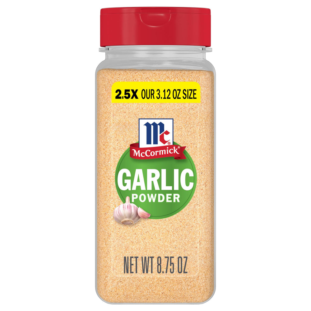 McCormick Garlic Powder bottle pour adds quick flavor to weeknight dinners.