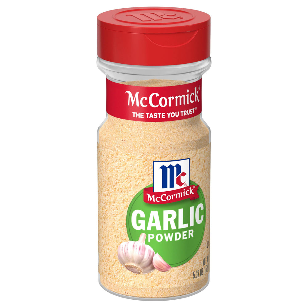 McCormick Garlic Powder bottle shows shelf-stable, ready-to-use flavor for everyday cooking