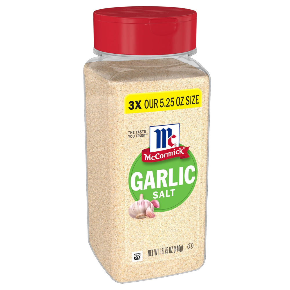 McCormick Garlic Salt jar close-up highlighting mellow garlic flavor for quick seasoning.