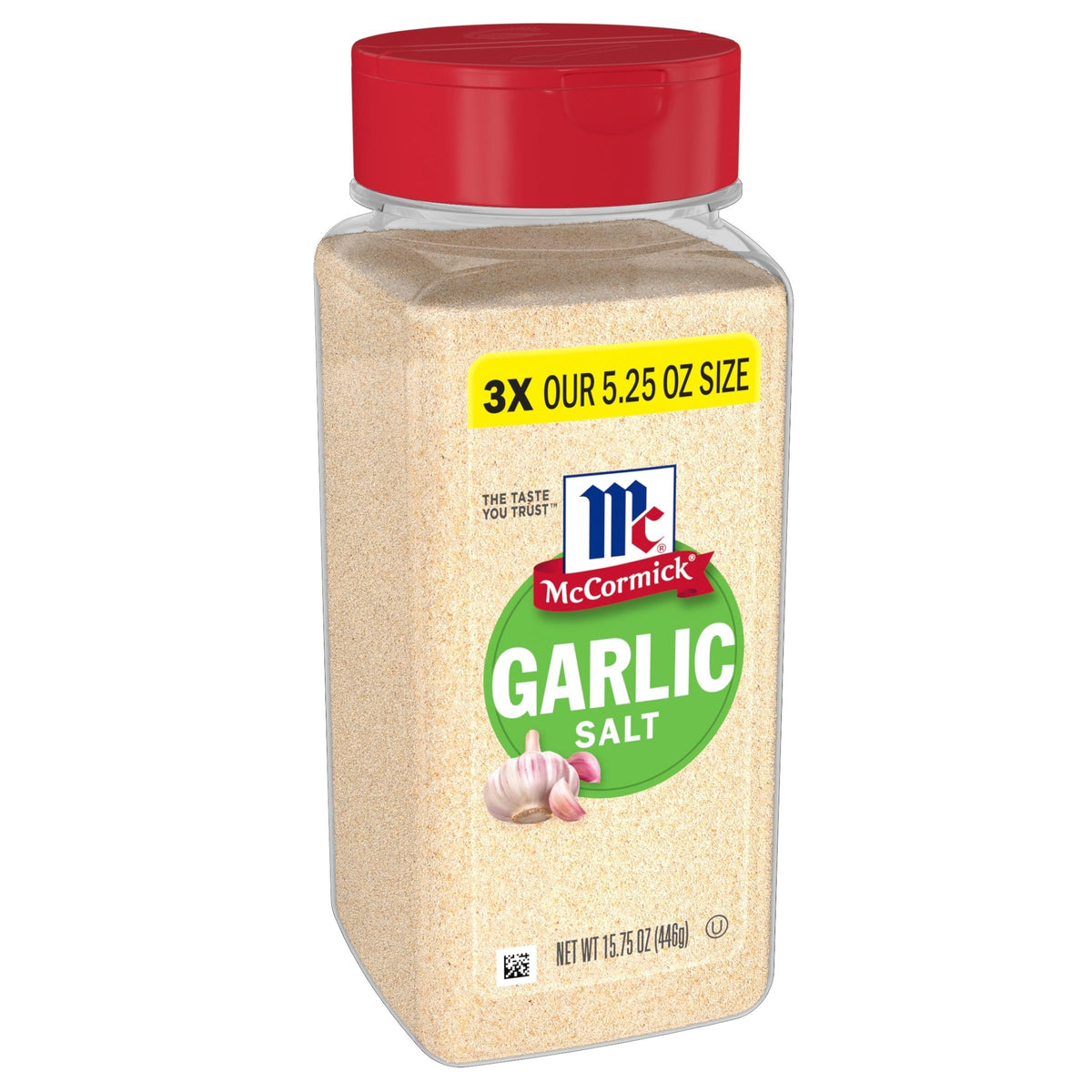 McCormick Garlic Salt jar close-up highlighting mellow garlic flavor for quick seasoning.