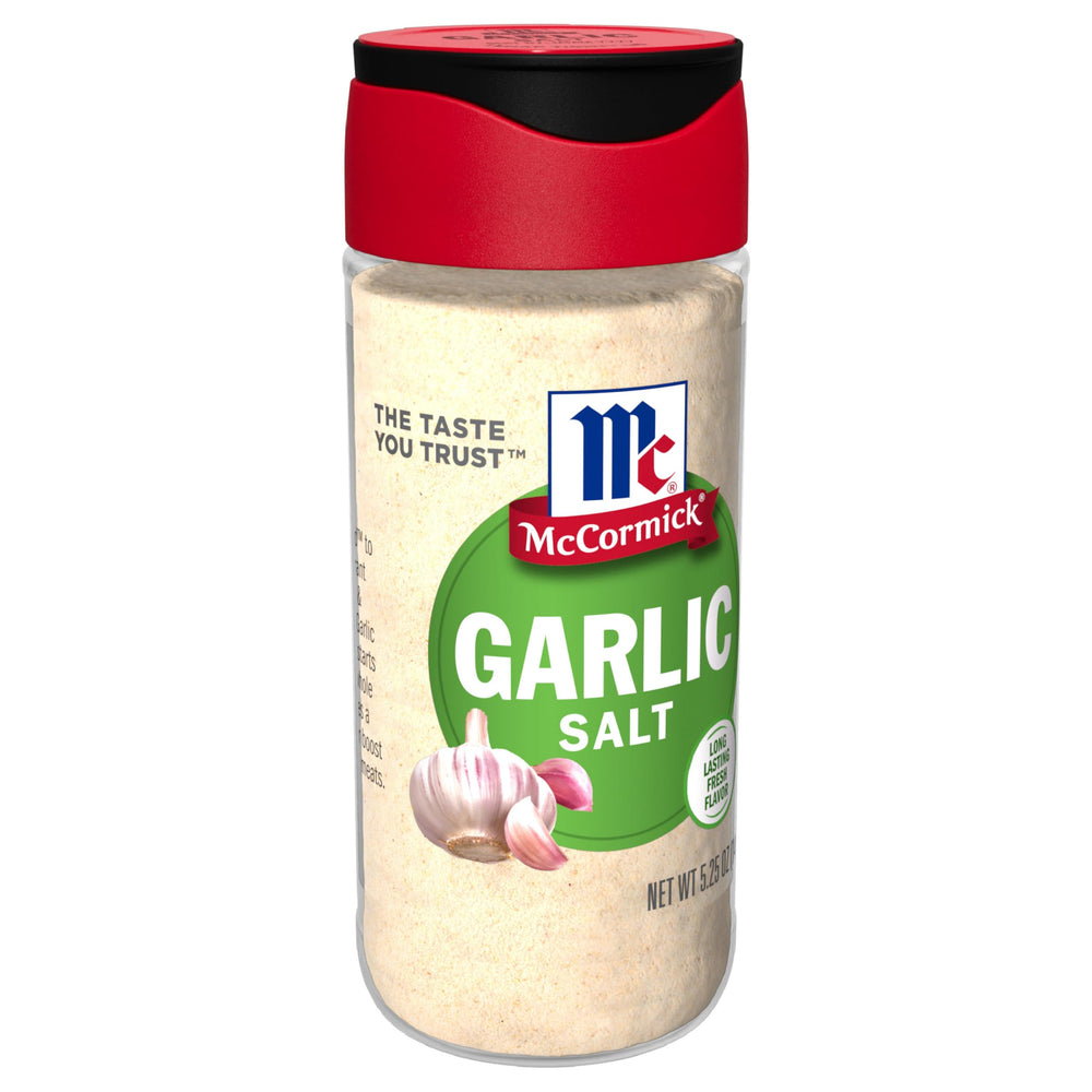 McCormick Garlic Salt jar front view for everyday seasoning and quick flavor boost.