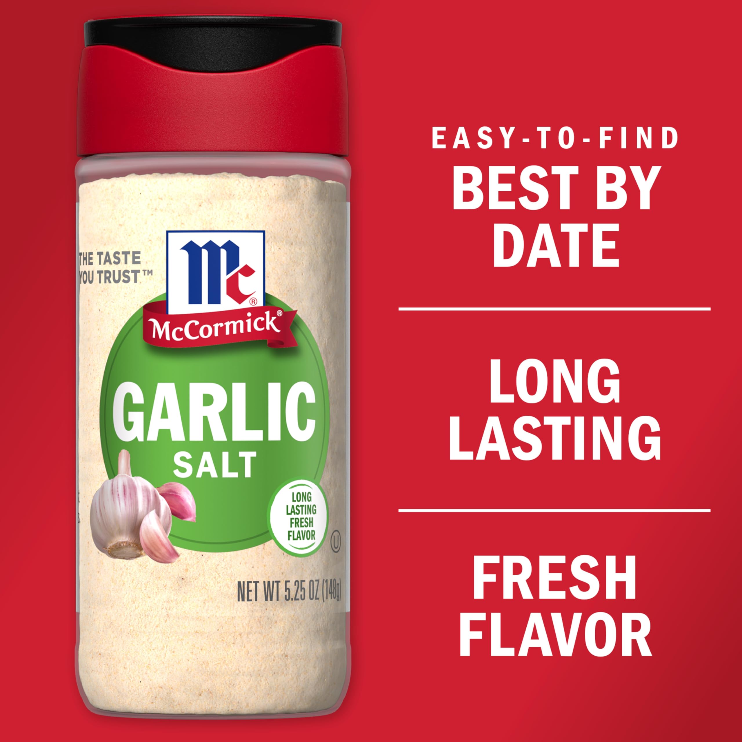 McCormick Garlic Salt salt-shaker image highlights quick flavor boosts at the table.