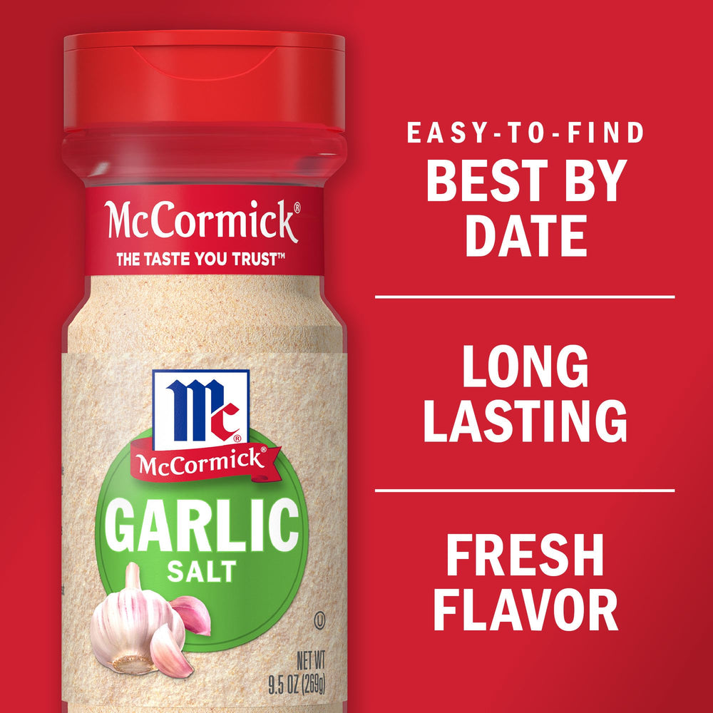 McCormick Garlic Salt beside the stove, convenient by stove and table.