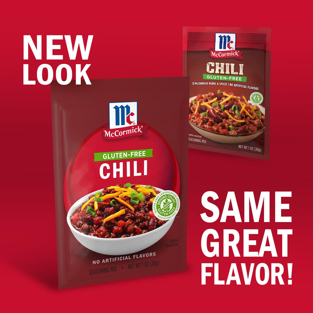 Close-up of McCormick Gluten-Free Chili Seasoning Mix label for clarity and quality.
