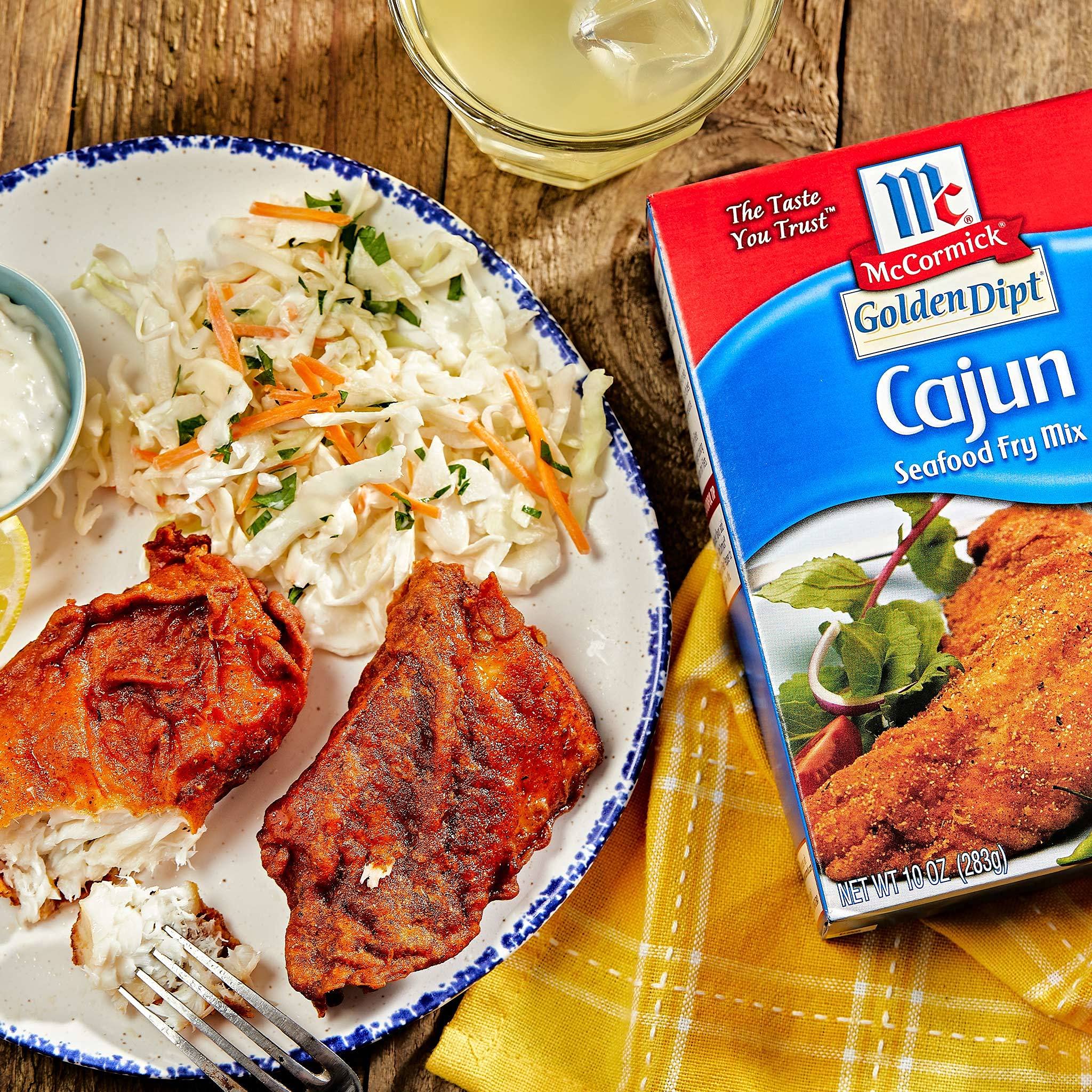 Finished seafood platter with spicy, crispy crust from McCormick mix.