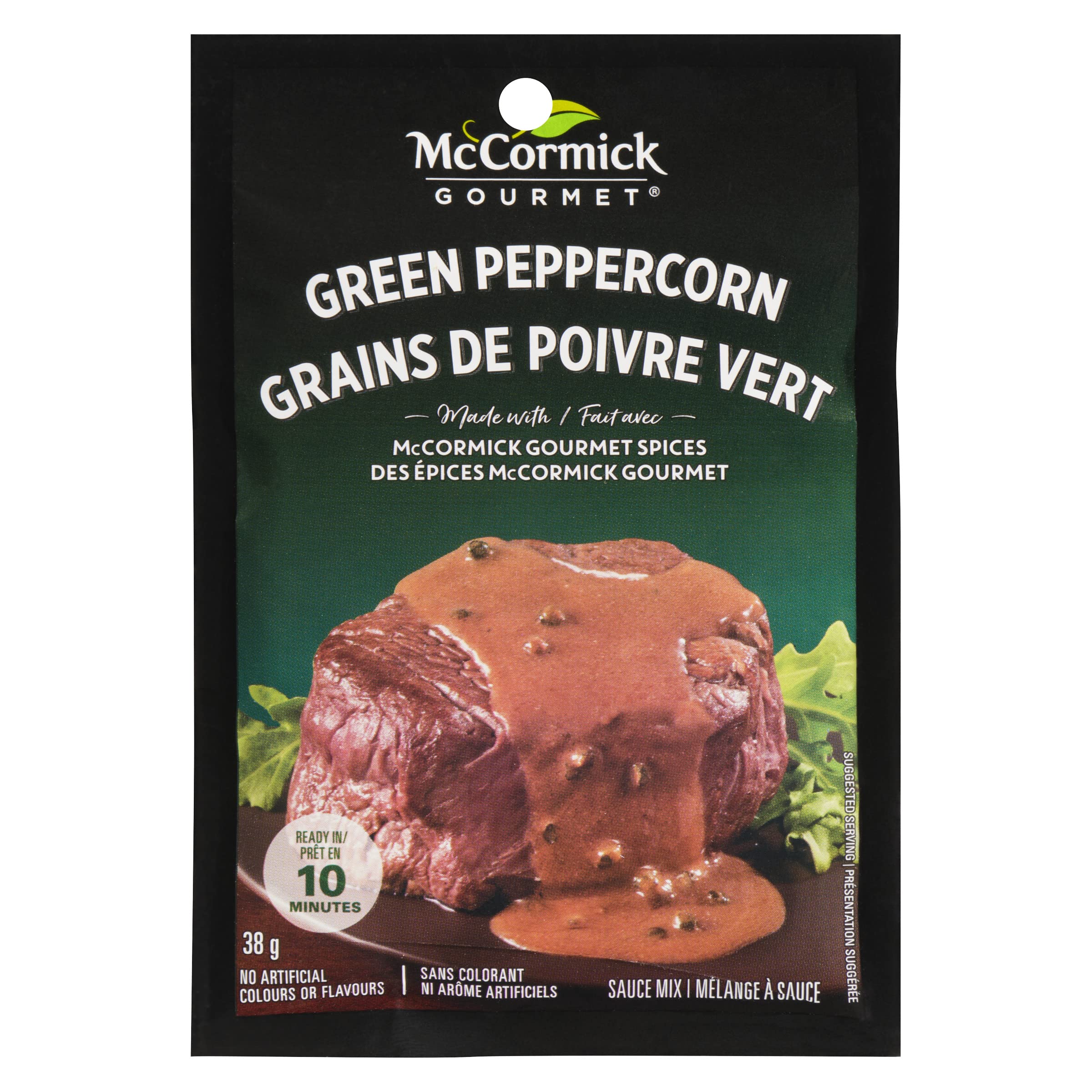 McCormick Gourmet green peppercorn sauce mix bottle ready to elevate steaks.