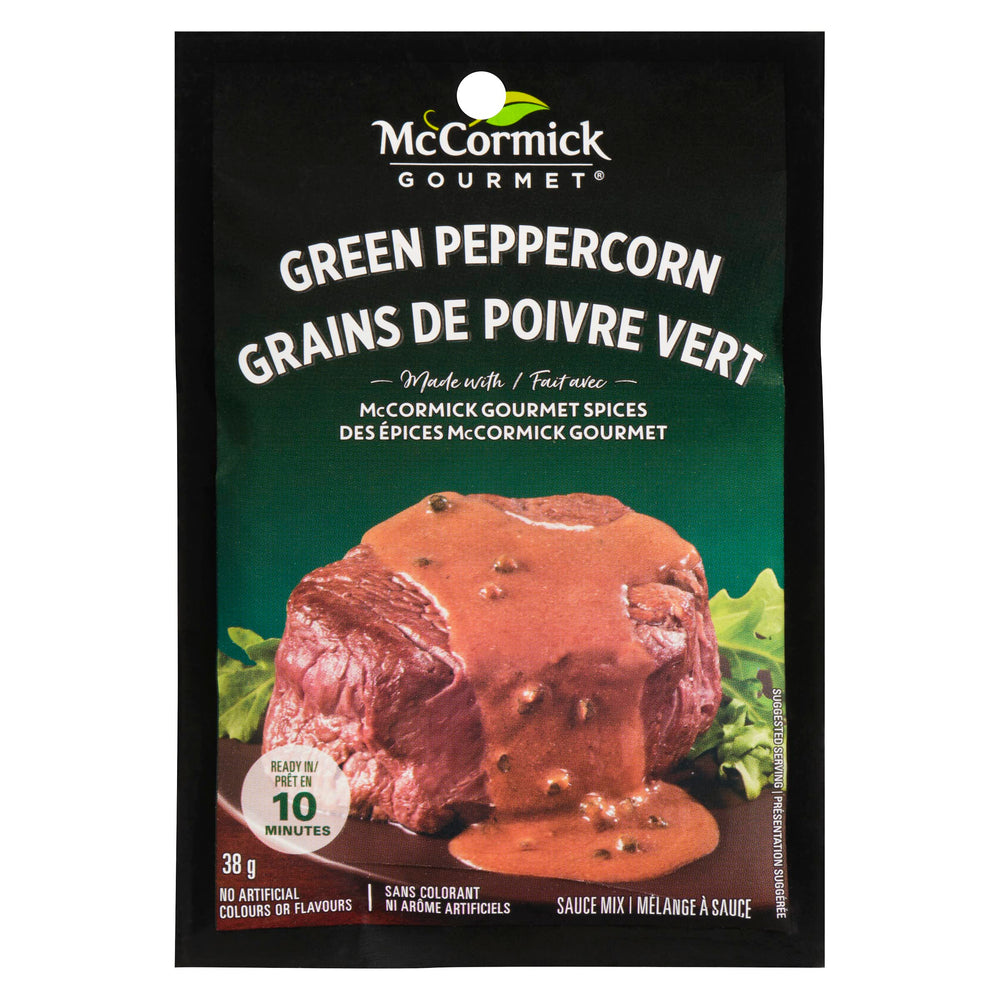 McCormick Gourmet green peppercorn sauce mix bottle ready to elevate steaks.