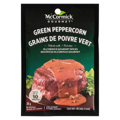 McCormick Gourmet green peppercorn sauce mix bottle ready to elevate steaks.