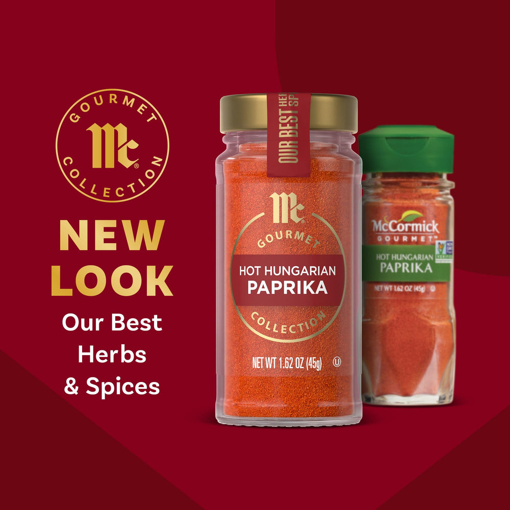 McCormick Gourmet Hot Hungarian Paprika jar closeup showcasing premium quality