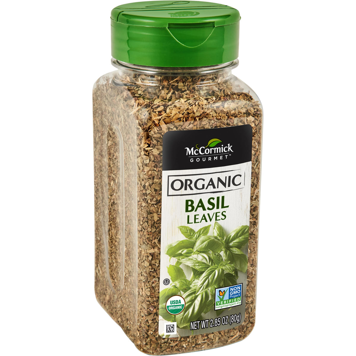McCormick Gourmet Organic Basil Leaves bottle showing fresh, aromatic flavor enhancer for cooking.