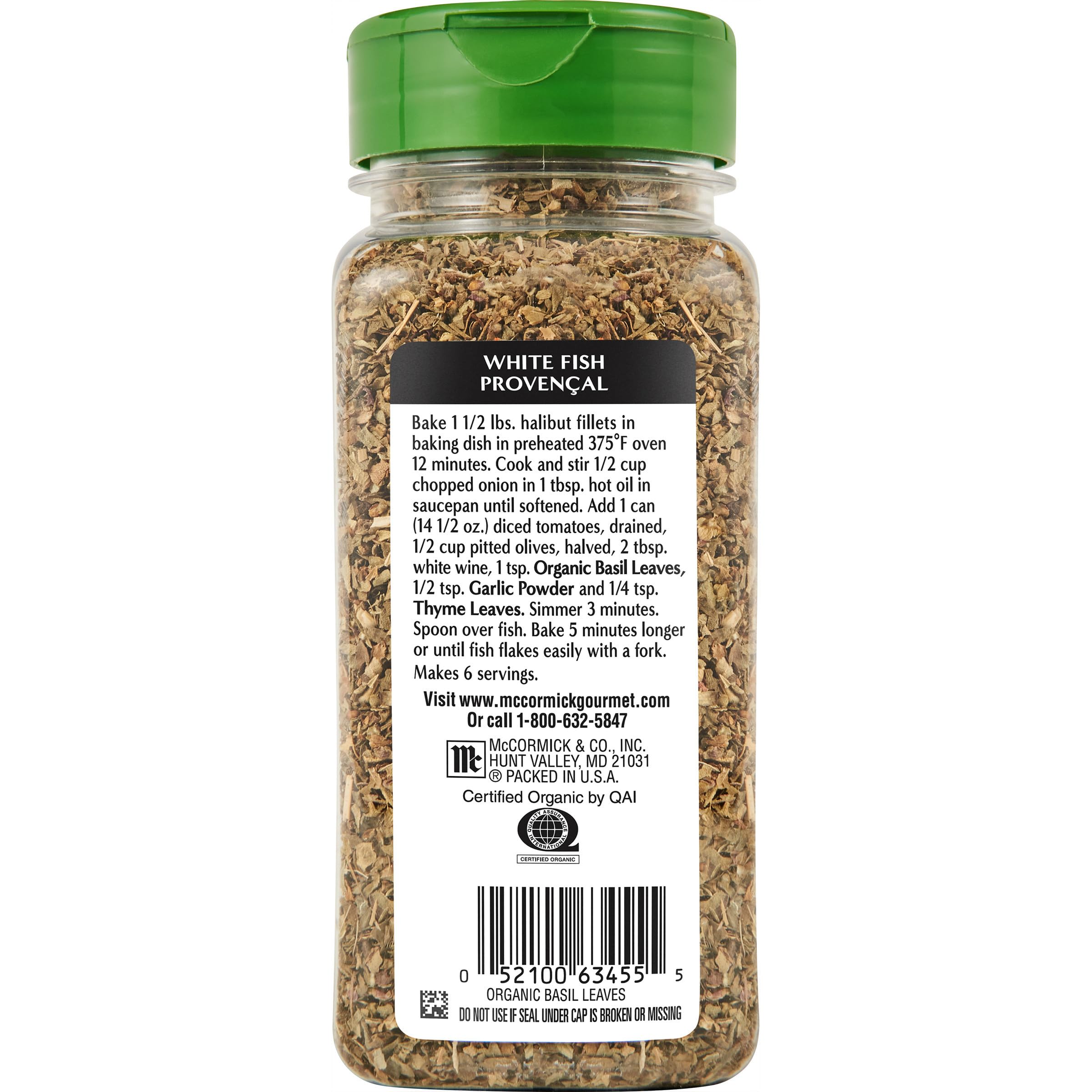 McCormick Gourmet Organic Basil Leaves label closeup—easy-to-store jar for quick seasoning.