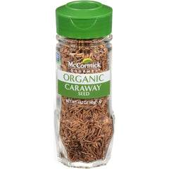McCormick Gourmet Organic Caraway Seed bottle enhances rye bread with warm aroma.