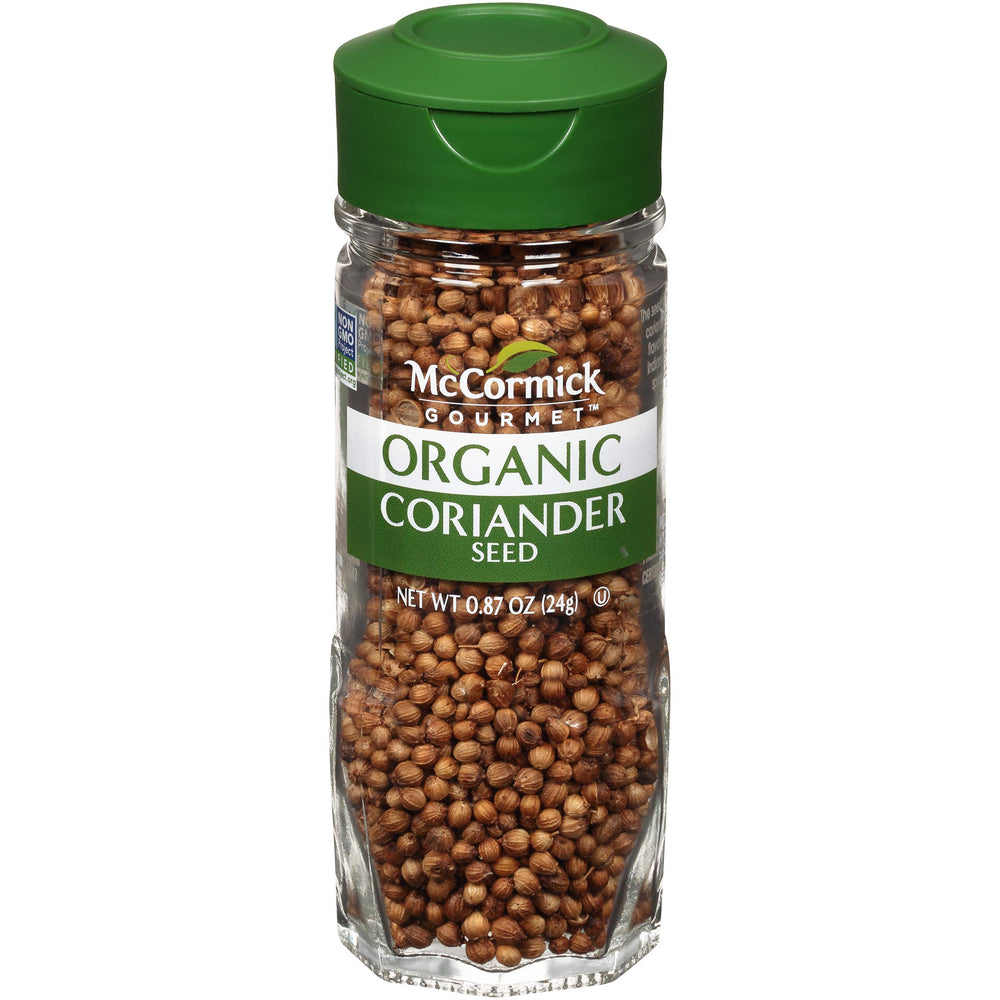 McCormick Gourmet Organic Coriander Seed bottle highlights warm, citrusy aroma for curries.