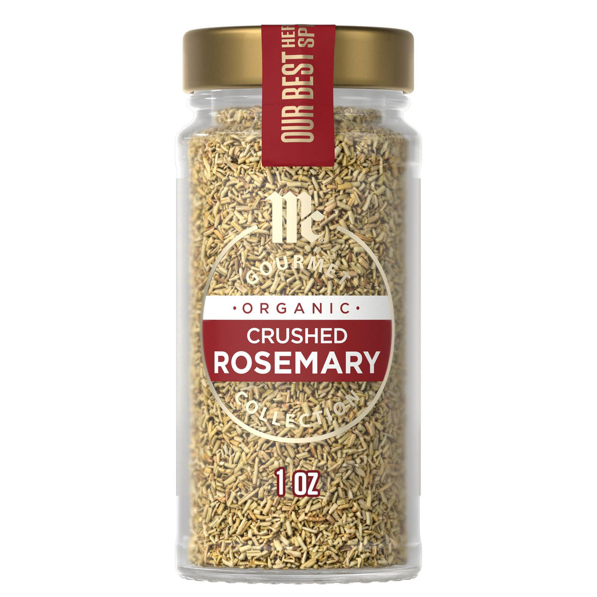 McCormick Gourmet Organic Crushed Rosemary bottle close-up with piney aroma for cooking