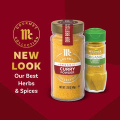 Close-up of McCormick Gourmet Organic Curry Powder tin highlighting warm spices.