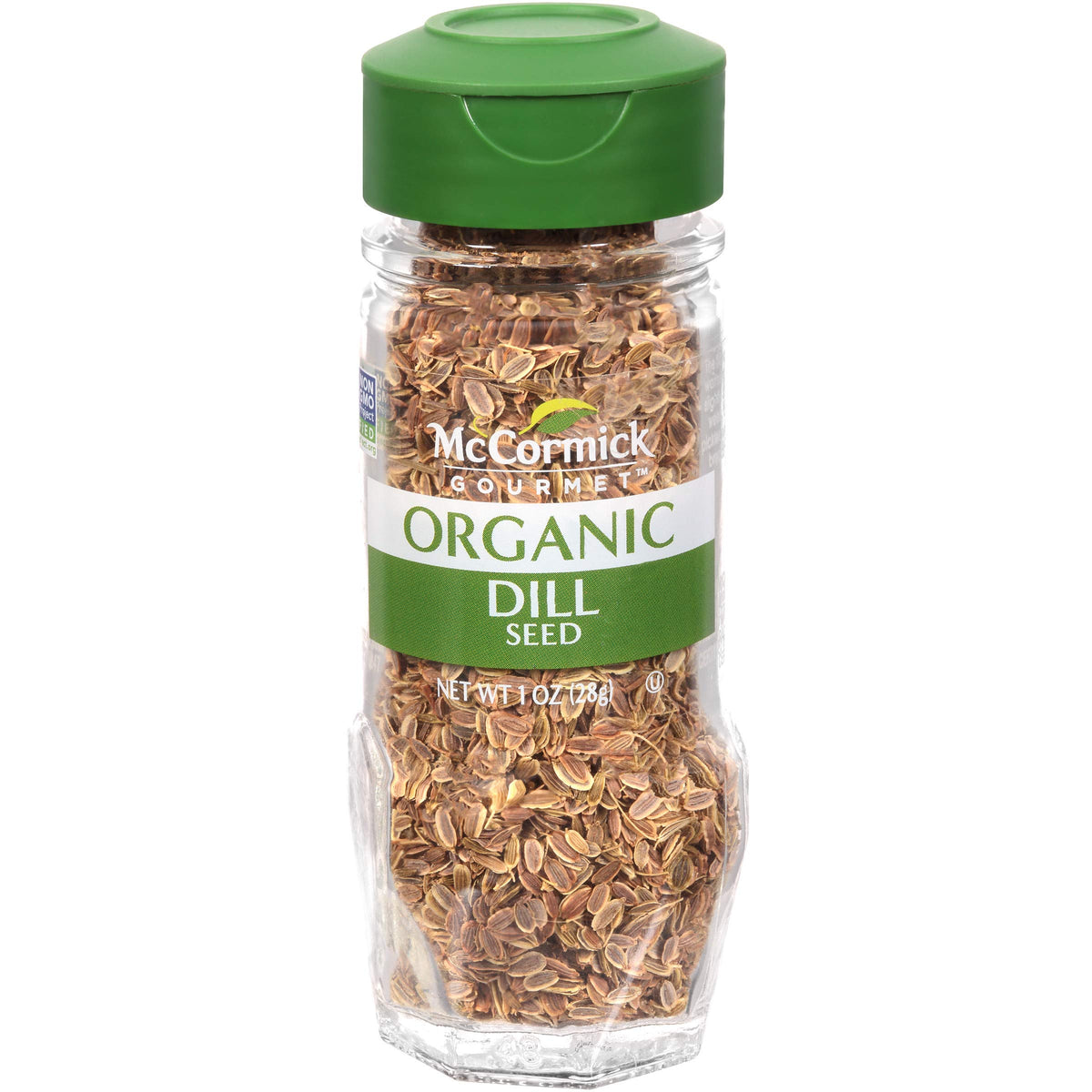 McCormick Gourmet Organic Dill Seed bottle closeup for rich aroma in cooking