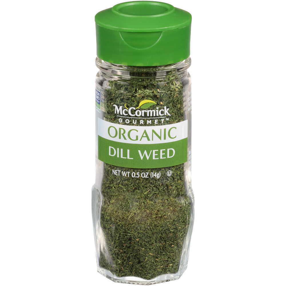 McCormick Gourmet Organic Dill Weed bottle showing fresh green leaves for dipping or seasoning.