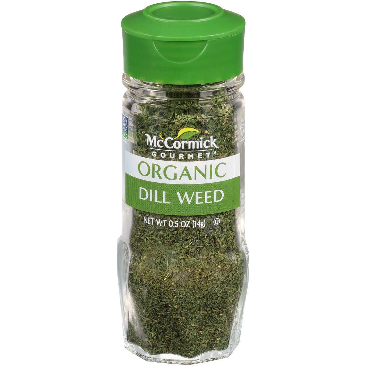 McCormick Gourmet Organic Dill Weed bottle showing fresh green leaves for dipping or seasoning.