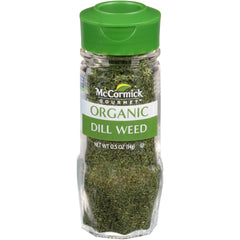 McCormick Gourmet Organic Dill Weed bottle showing fresh green leaves for dipping or seasoning.
