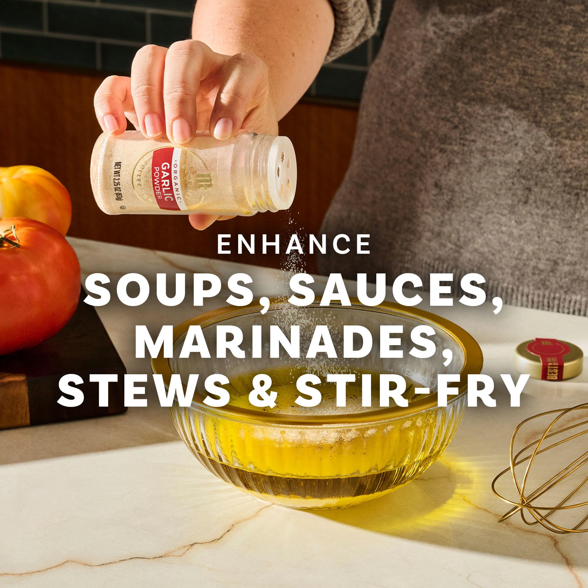 McCormick Gourmet Organic Garlic Powder marinade image adds savory aroma.