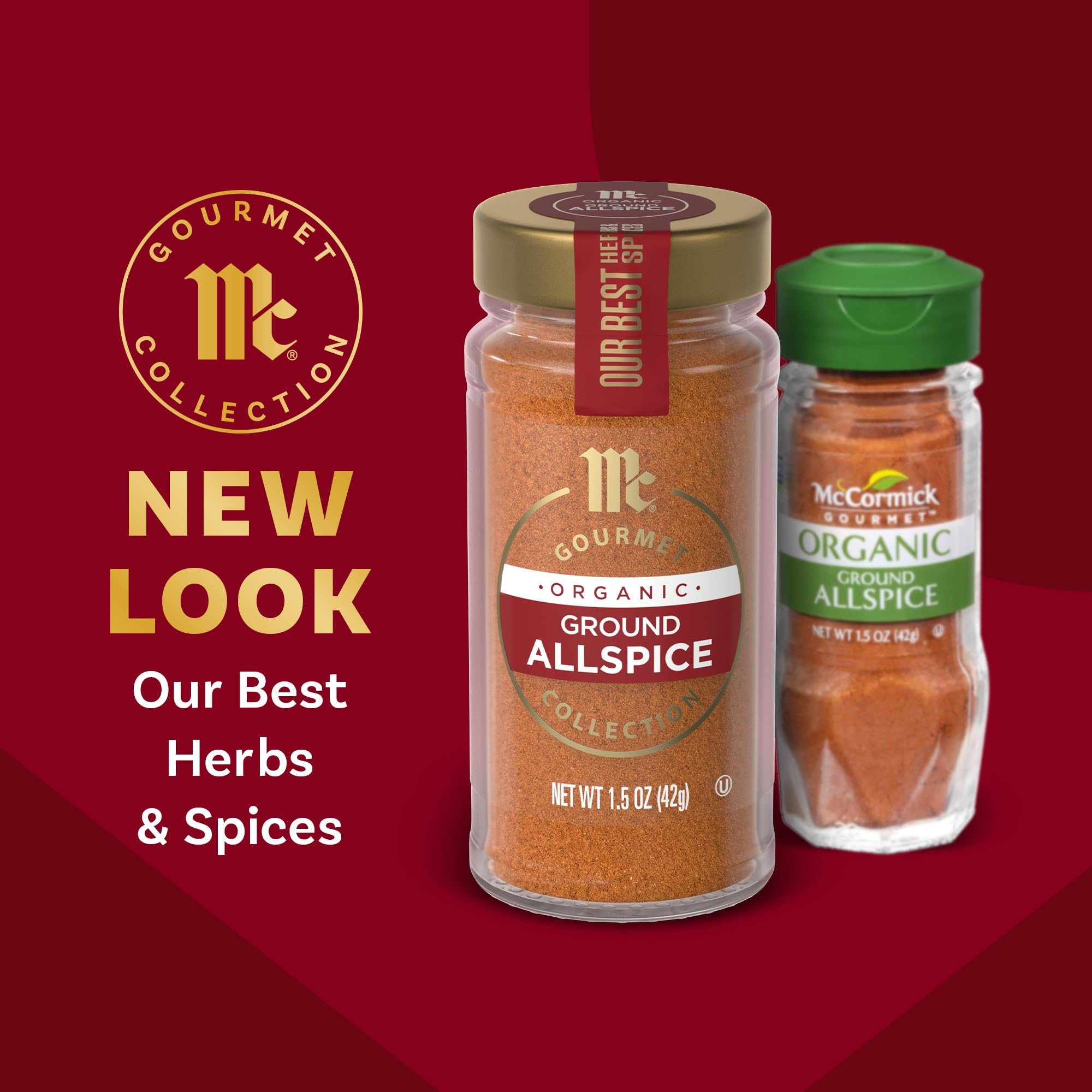 McCormick Gourmet Organic Ground Allspice label emphasizes organic, non-GMO quality.