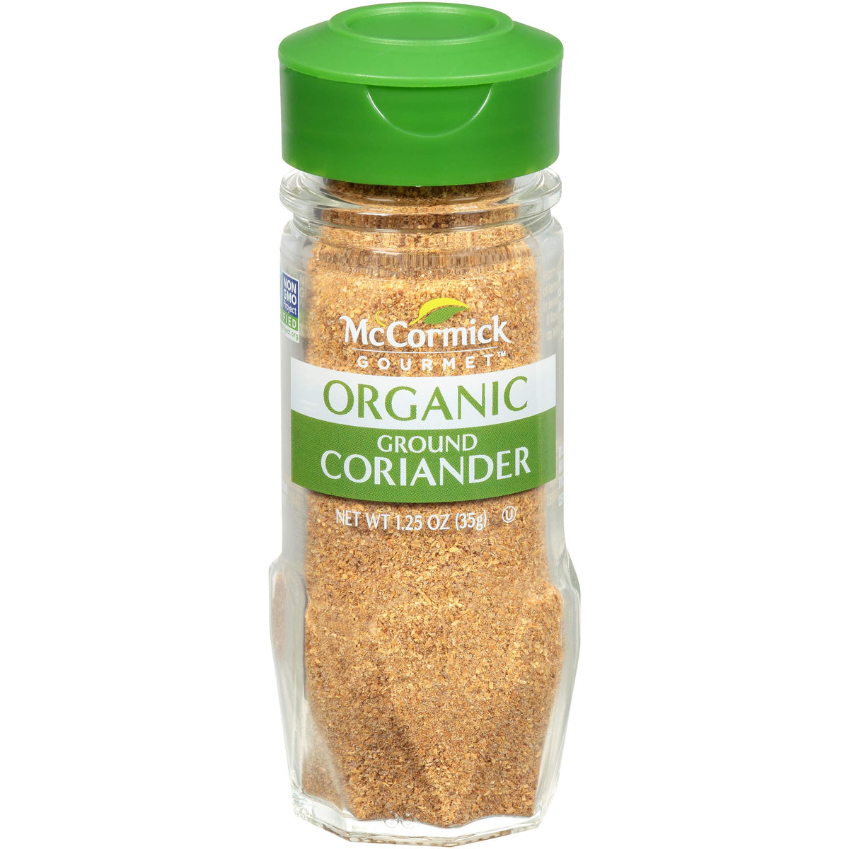 McCormick Gourmet Organic Ground Coriander bottle highlights fresh aroma for versatile cooking.