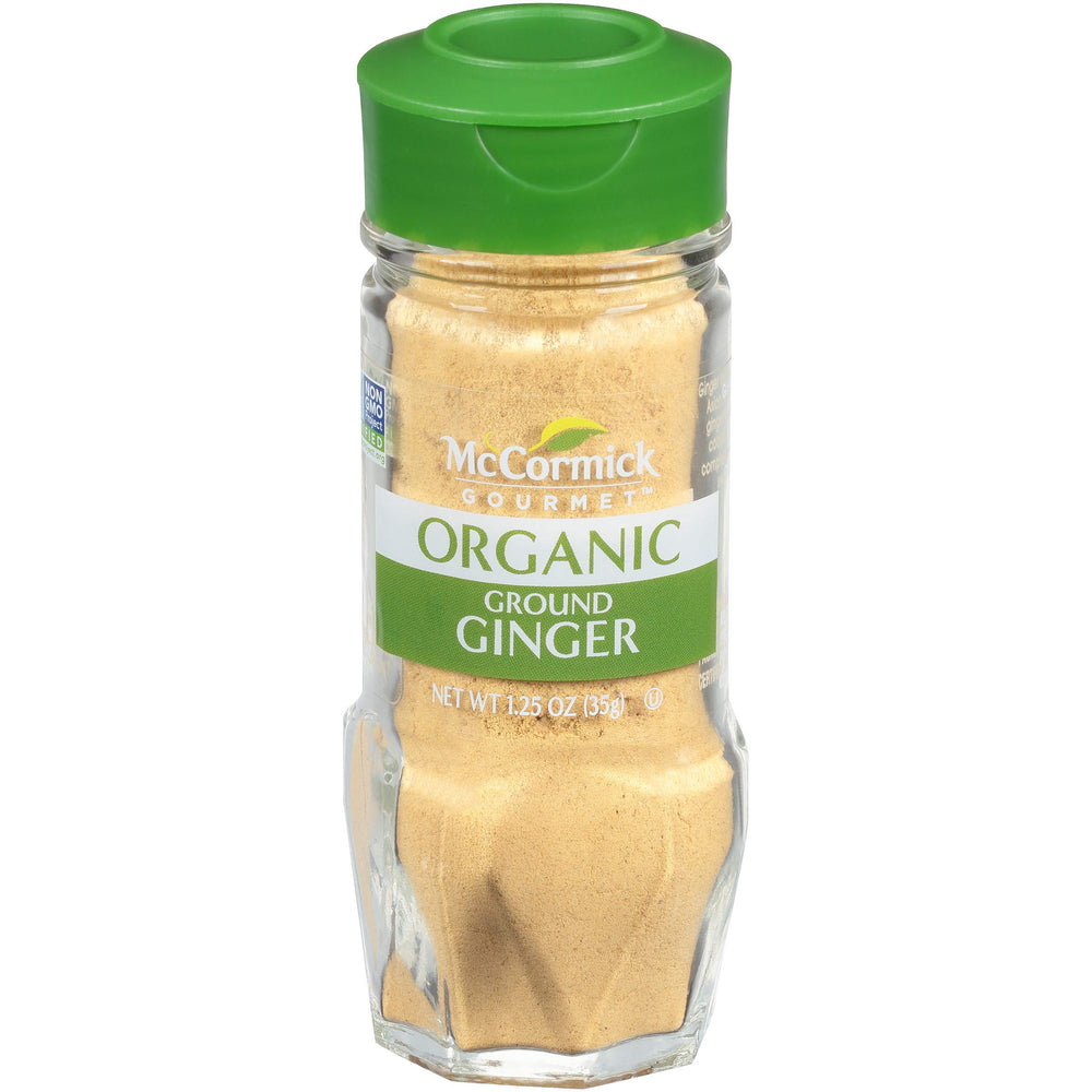 McCormick Gourmet Organic Ground Ginger being poured, enhancing flavor with warm spice.