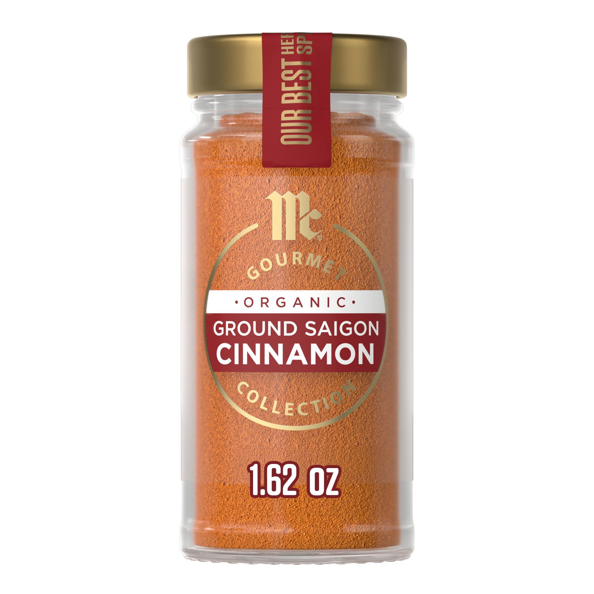 McCormick Gourmet Organic Ground Saigon Cinnamon bottle pour shows premium aroma