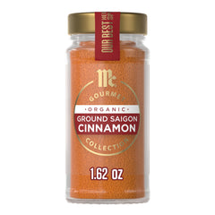 McCormick Gourmet Organic Ground Saigon Cinnamon bottle pour shows premium aroma